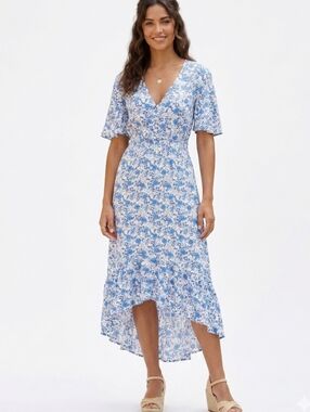 Anthropologie Abel The Label Floral Blue White Prairie Peasant Dress Size S